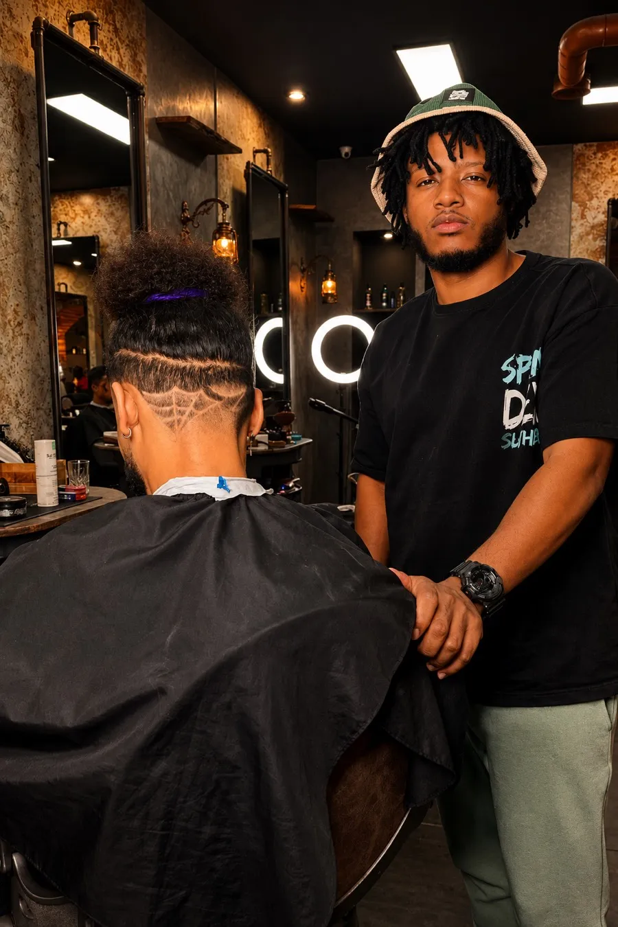 Un barbier d'Allure Barber près d'un client dont la nuque porte un motif rasé.